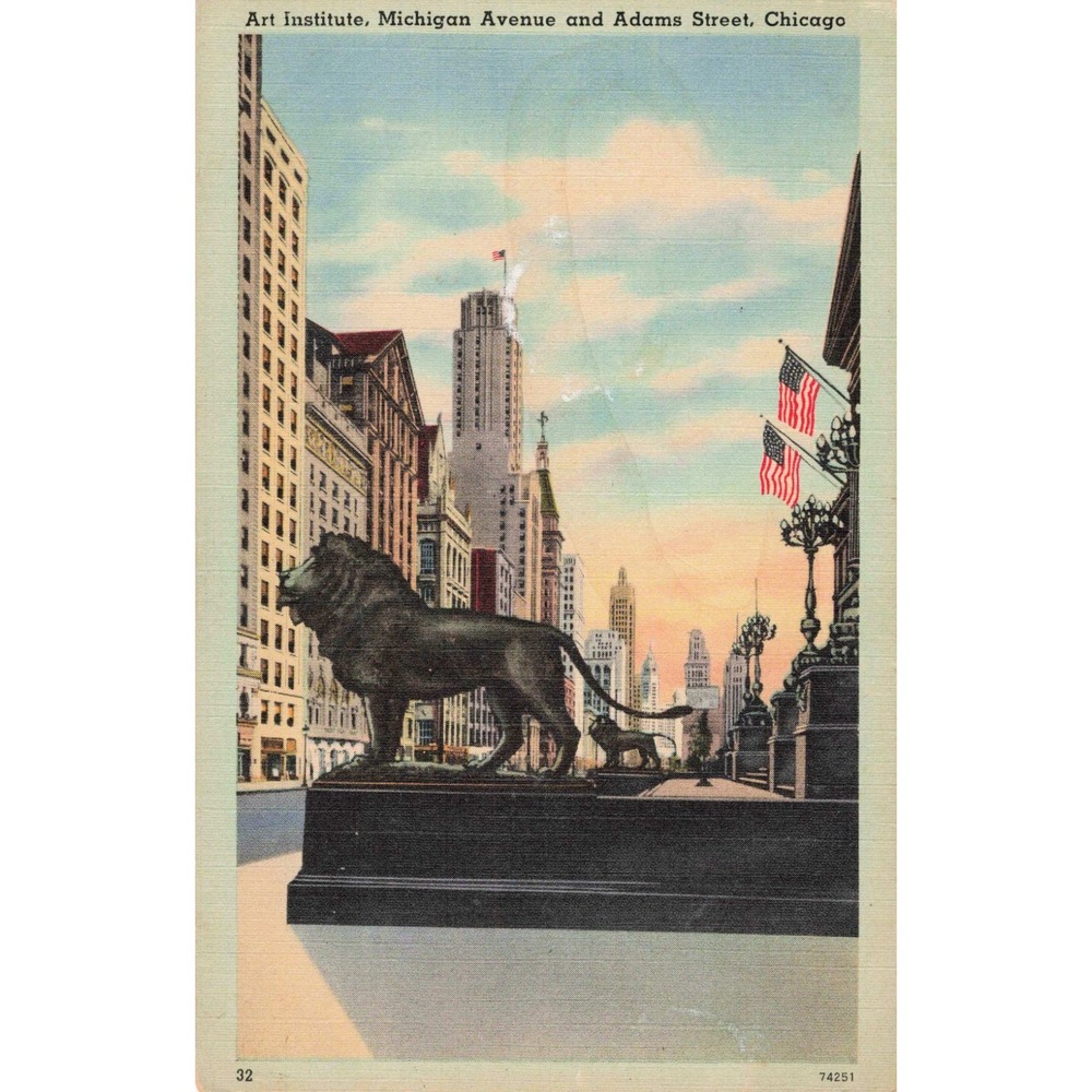 Vintage 1949 Art Institute Chicago Michigan Avenue Linen Postcard Lion Statue - Picture 1 of 2